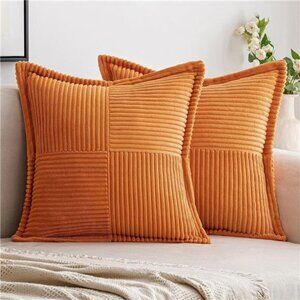 Corduroy Pillow Covers, 18x18 Boho Striped Decorative Cushions, Set of 2, Orange
